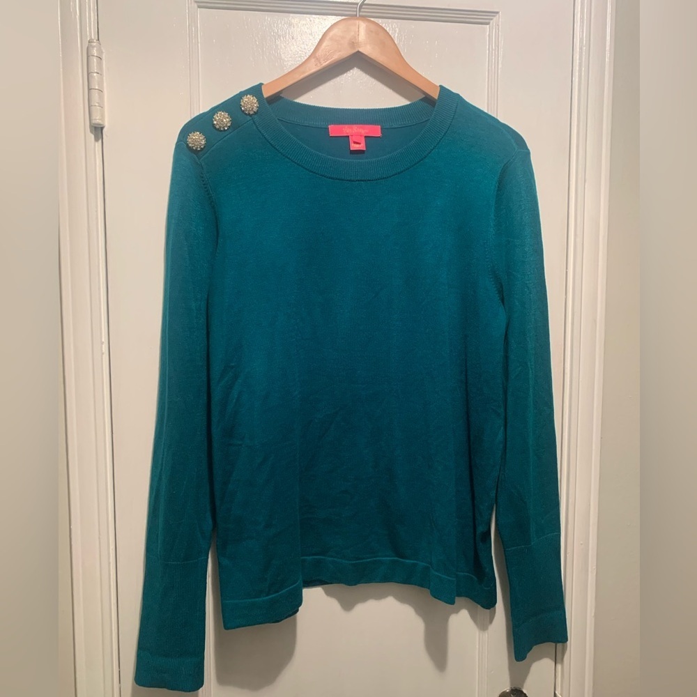 Lilly Pulitzer Morgan Teal Sweater with Rhinestone Buttons L